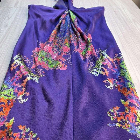 Halston Heritage Woman's Silk Dress Size 4 Twist‎ Front Halter Midi Floral Blue - Picture 5 of 13
